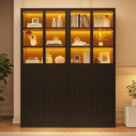 Vetrina doppia 140 x 34 x 180 cm, 4 ante in vetro temperato, 2 cassetti, LED Bluetooth, nero DESVIAE (1/5)