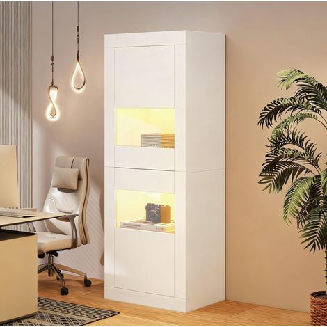 Vetrina a LED con 3 ripiani, 2 ante, realizzata in truciolato, acrilico e vetro temperato, 61x42x162 cm, bianca (1/5)