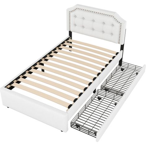 Lit 90x200 rembourré beige clair avec clous décoratifs et 2 tiroirs (1/5)