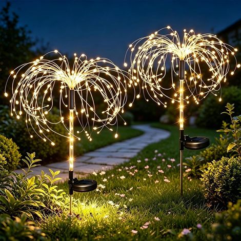 2 Pack 120 LED Feux d'Artifice Solaires, Lampe Solaire Exterieur avec piquets lumineux 2 modes décorations de jardin Starburst Fairy Lights pour Jardin, Terrasse, patio, mariage (Blanc chaud) (1/5)