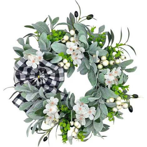 45cm Spring Wreath, Artificial Floral Door Wreath with Green Leaves, White Flowers and Berries for Front Door and Indoor Decoration (1/5)