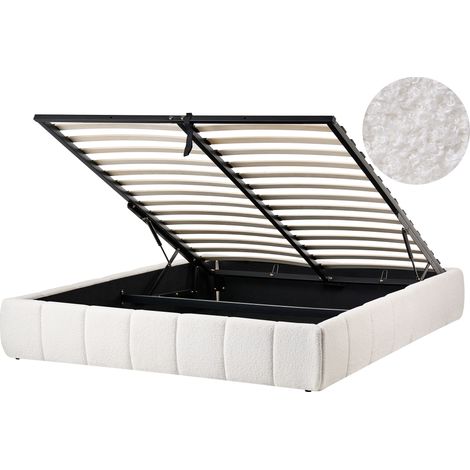 Cama moderna tapizado de bouclé 160 x 200 cm con almacenaje sin cabecero blanco crema Genas