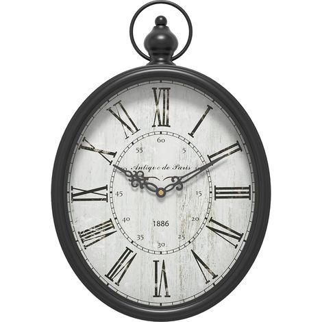 Horloge Murale rétro Ovale, Design Antique démodé, Style Vintage Rustique, Horloge Murale silencieuse fonctionnant à Piles pour Maison de Ferme, Cuisine, Bureau (Noir) (1/5)