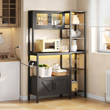 Mensola da forno, mobile da cucina con presa elettrica e luci a LED, mensola bar, mensola per microonde con funzione di stoccaggio, portabicchiere da vino, 180115 cm