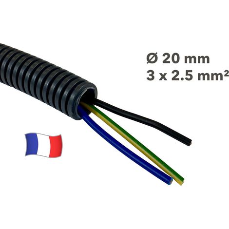 Gaine électrique préfilée 50 mètres diam 20 avec 3 fils Bleu, Vert/Jaune, Noir 2.5 mm² - PREFA ELEC (1/2)