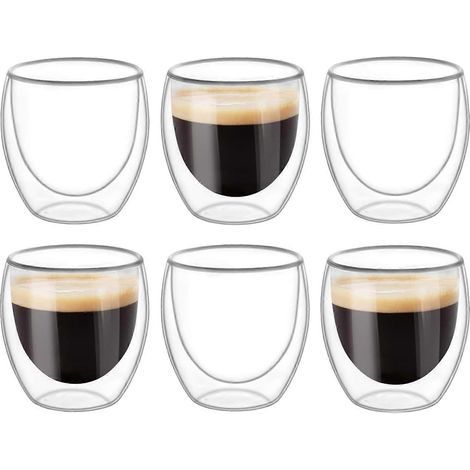 Lot de 6 tasses à double paroi, verres et mugs, tasses à café transparentes à double paroi, double paroi, cappuccino, latte et isothermes (80 ml)