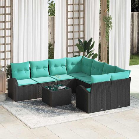 Salon de jardin 9 pièces en polyrotin modulable avec rangements noir et turquoise - PANGIVO (1/5)