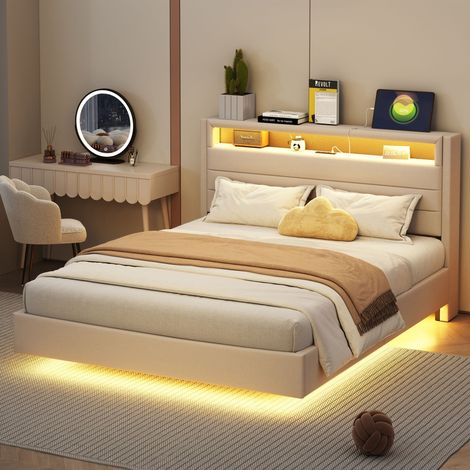 Letto matrimoniale imbottito 140x200 cm, con presa USB e illuminazione LED, testata reversibile, lino beige (1/5)
