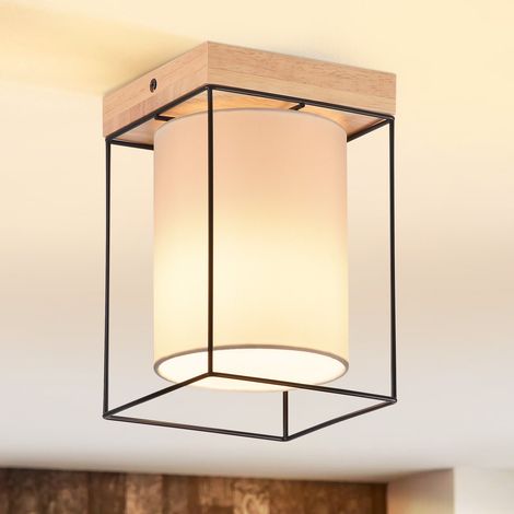 GBLY Deckenleuchte Flur Deckenlampe Holz - 1 Flammig E14 Vintage Flurlampe mit Stoff-Lampenschirm Küchenlampe Industrial Retro Schlafzimmerlampe für Schlafzimmer Küche Büro (ohne Leuchtmittel)