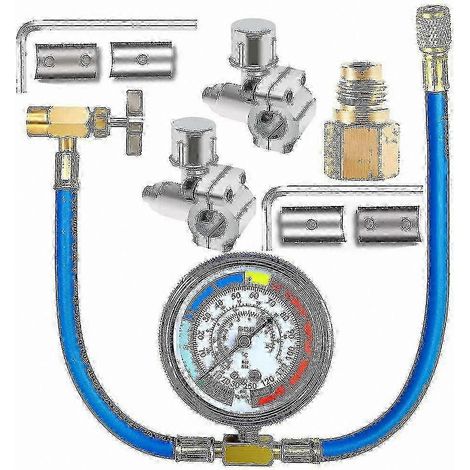 Kit de tuyau de charge de réfrigérant R134a avec manomètre et vanne de perçage pour systèmes de climatisation (1/5)