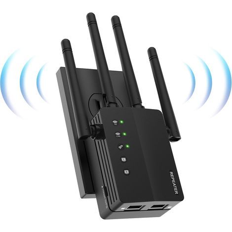 Ripetitore WiFi dual-band 2.4G/5.8G da 1200 Mbps – 4 antenne – 2 porte LAN Gigabit – Copertura fino a 180 m² – Consente di connettere fino a 105 dispositivi (1/5)