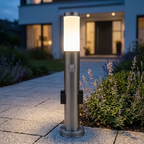 Edelstahl Steh Lampe Außen Steckdosen Bewegungsmelder Garten Wege Leuchte silber im Set inkl. LED Leuchtmittel (1/5)