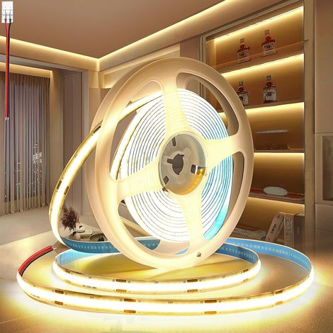 Ruban LED COB 12V, 5M bande LED COB Blanc Chaud 3000K Découpable Flexible 320LED/M, CRI90, pour Chambre, Décoration de la Maison (Sans Alimentation) (1/5)