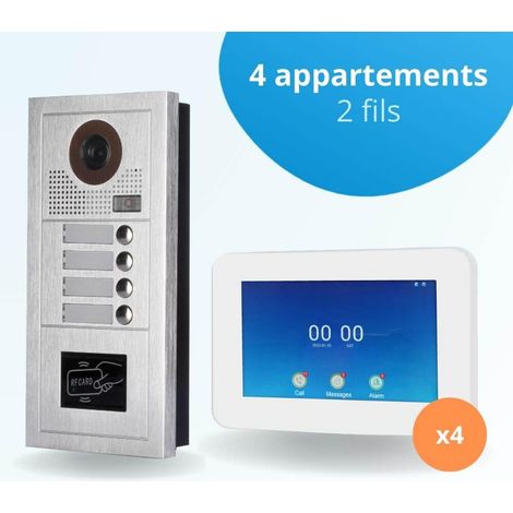 Portier interphone vidéo MODERN 2 Fils - 4 appartements - 4 écrans tactiles connectés 7" blanc - avec lecteur de badge