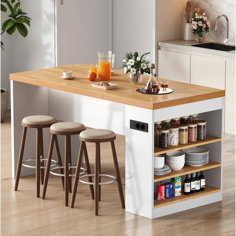 Isola cucina 155 x 80 x 90 cm con LED, prese 2 AC + 2 USB, piano 40 mm, MDF bianco (1/5)