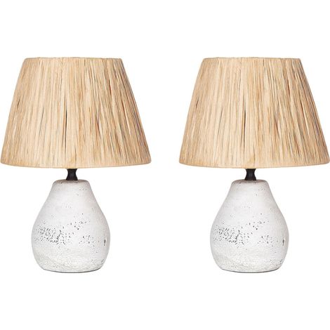 Set di 2 lampade da tavolo in ceramica con paralumi a cono in carta, effetto anticato Bianco e naturale Arwadito