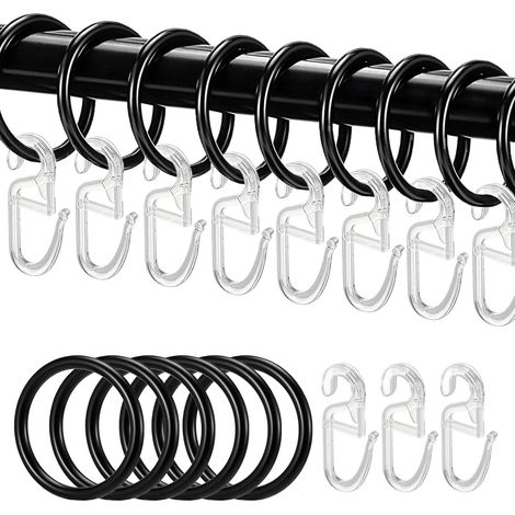 50 Pièces Anneaux de Rideau et Crochets, 50 Anneaux Argentés + 50 Crochets, 32 mm Diamètre Intérieur pour Rideaux de Douche, Salle de Bain, Fenêtre, Noir (1/5)