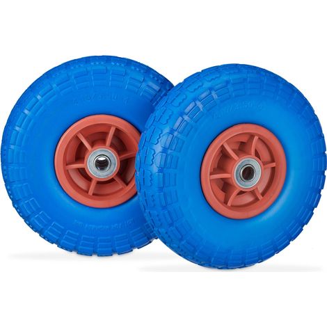 Relaxdays Set of 2 Wheelbarrow Tyres, Puncture-Proof Solid Rubber, 4.1/3.5-4", 16 mm Axle, Spare Wheel, Blue/Red