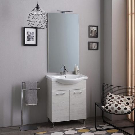65 Cm Unterschrank, Waschbecken Und Spiegel, Eiche Weiss Rimini
