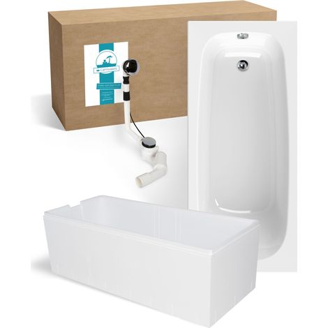 Calmwaters® Premium Badewanne Komplettset 170x75 cm Original, Made in EU, 3in1 Acryl-Badewanne mit Wannenträger & Ablaufgarnitur, Körperformbadewanne, Rechteckbadewanne 170 x 75, 200 l, Weiß