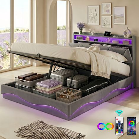 Polsterbett mit Bettkasten 160x200 cm mit LED und USB Typ-C - Samt-Doppelbett - Kopfteil mit Stauraum und Lattenrost - Doppelbett 160x200 cm - Grau