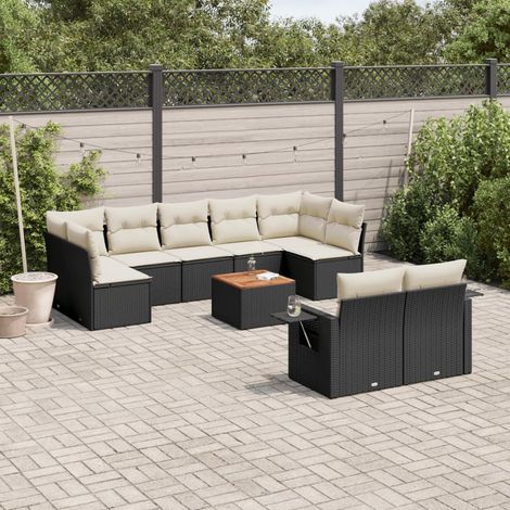 10-tlg. Garten-Sofagarnitur mit Kissen Schwarz Poly Rattan vidaXL (1/5)