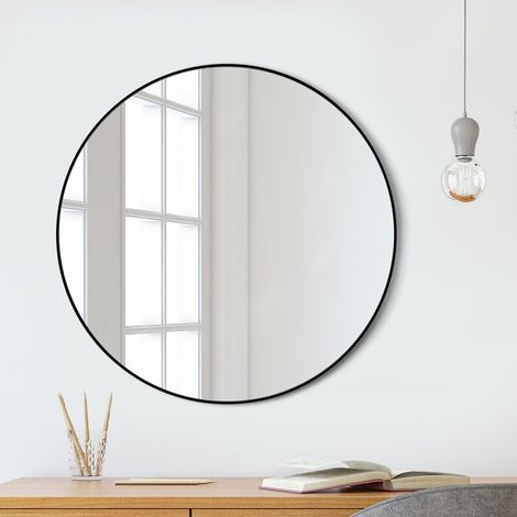 Modern Wall Mounted Slim Frame Round Mirror, Black 40cm (1/5)