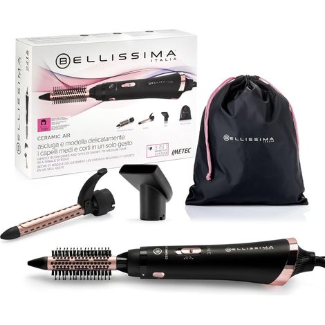 Bellissima Ceramic Air - Brosse Soufflante 3-en-1, Revêtement Céramique - Pour Cheveux Court et Mi-long - Séchage, Lissage et Brushing, 3 Accessoires Brosse à Air Chaud - 800W - Injection Air Froid (1/5)