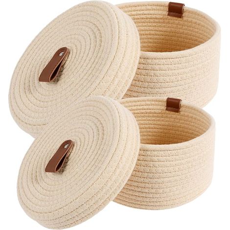 Cesto contenitore in corda di cotone intrecciata con coperchio, cesto intrecciato impilabile, accessori per bagno, fasciatoio per cameretta e soggiorno (1/3)