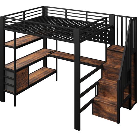 Lit mezzanine, 140 x 200 cm, lit en métal, tablette de rangement, tiroir, panneau perforé, table, prise, éclairage LED, sans matelas, noir (1/5)