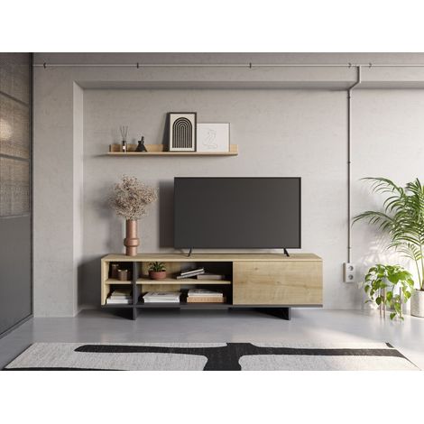 Meuble TV CEQUOIA - Chêne & Noir - 1 porte, 4 niches - 160 x 35,6 x 44 cm (1/5)