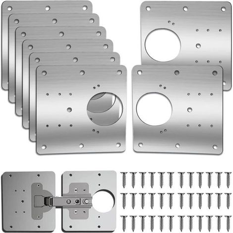 8Pièces Plaque de réparation d'armoire, 9 x 9cm clips réparation charnière visser trou, inoxydable 48 vis montage meubles bois (1/5)