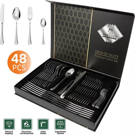 48 Pièces Couverts, Acier Inoxydable, Set 12 Personnes, Lave-vaisselle, Usage Quotidien (1/5)