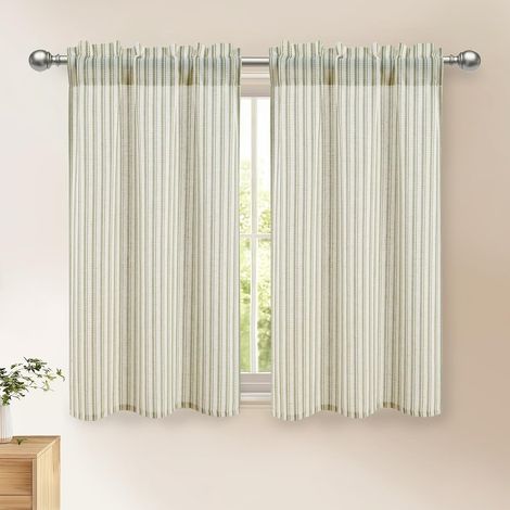 Rideaux à rayures vertes en lin, rideaux brise-bise courts H120xL60cm, 2 pièces, semi-transparents, rideaux modernes pour cuisine, bistro, avec tringle, pour chambre d‘enfant, rideau de placard (1/5)