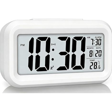 JSSEVN- Réveil numérique pour chambre à coucher, horloge de bureau à piles, horloge numérique avec veilleuse intelligente, affichage 12/24h (1/5)