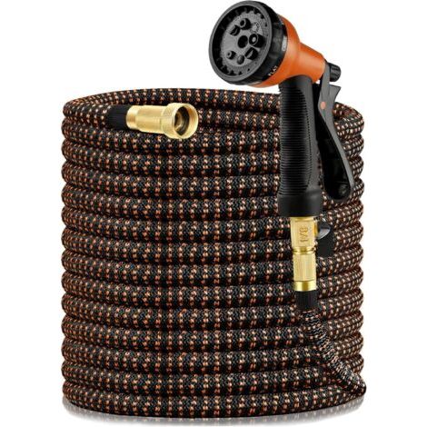 Tuyau d'arrosage Extensible 8m/15ft, Tuyau d'arrosage Rétractable,Tuyau d'Arrosage Flexible en Latex Tuyau d'arrosage Extensible Orange+Noir Extensible Rétractable avec 8 Fonction Pistolet (1/5)