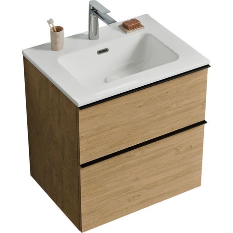 BERNSTEIN - mobili da bagno sospeso, mobili per bacino bianco 2 cassetti - 5 anni di garanzia - manico metallo nero - 64x61x47cm - Oak - Lavoa Bianco lucido, Nero opaco, Rovere Miele Oro