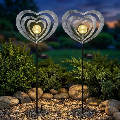 2x LED Lampe solaire de jardin verre cœur lampe d'allée métal gris argenté H 82 cm (1/5)