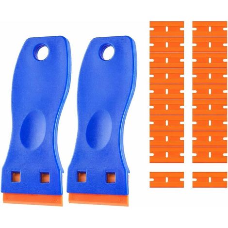 2 x Grattoirs en plastique pour enlever les rayures, avec 20 lames en plastique, pour retirer la colle, les autocollants, les étiquettes et les résidus d'adhésif sur les vitres et les voitures.