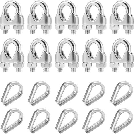 Lot de 20 serre-câbles M4 - 4 mm - En acier inoxydable - Serre-câble métallique de 4 mm - Pince à boulon en U pour câble métallique, corde à linge, auvent
