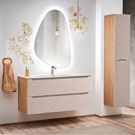Conjunto de muebles con lavabo individual encastrado 120cm 2 cajones y columna Elora Beige y madera (1/5)