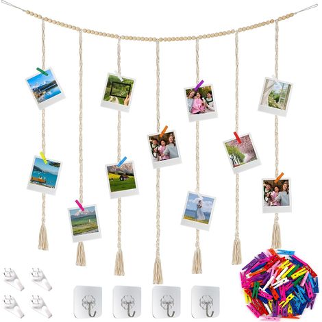 Présentoir photo mural en bois et corde, 120 cm, 2 pièces, 100 pinces, déco bohème. (1/5)