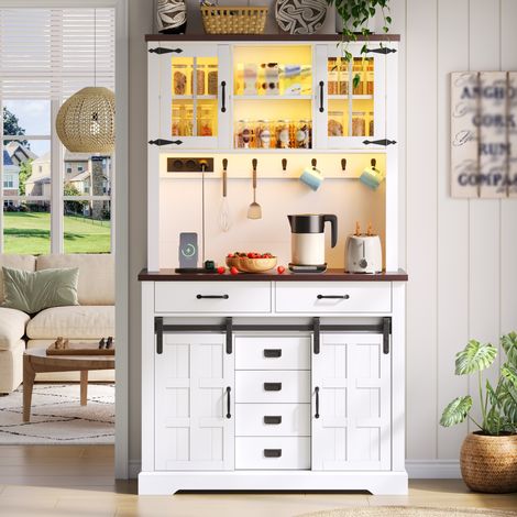 Buffet de Cuisine 180x108x40 cm avec Prise et LED, Plan de Travail, 6 Tiroirs, Étagères Réglables, Blanc