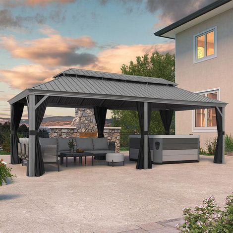 Purple Leaf – Tonnelle de jardin en aluminium avec moustiquaires et rideaux – Toit en acier galvanisé résistant – Dimensions 7.32 x 3.65 m – Gris clair