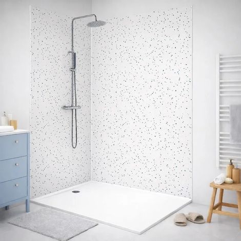 Lot de 2 panneaux de douche en aluminium (90x220 & 120x220 cm) + profilés blanc - Terrazzo Mineral - Multicolore (1/5)