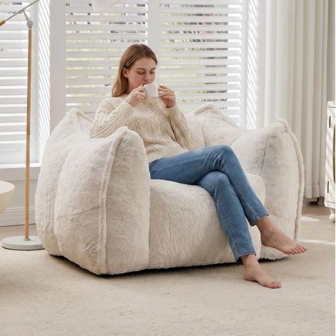 Sillón puf con respaldo ergonómico, sin montaje, tejido de pelo sintético y relleno de espuma, beige (1/5)