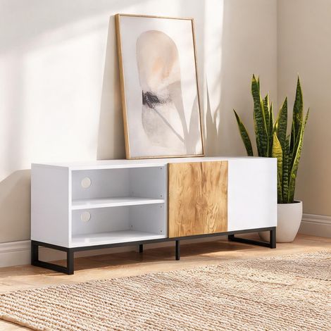 Meuble TV en bois blanc et chêne jusqu'à 55 pouces 140 cm (1/5)