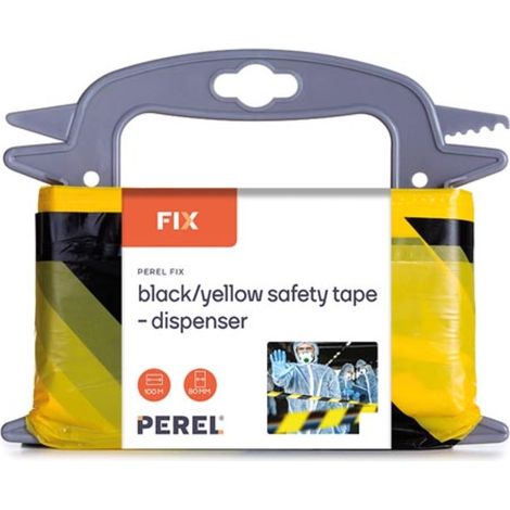 Perel Cinta de barrera en soporte de 100 m, ideal para cercas y eventos temporales, negro/amarillo