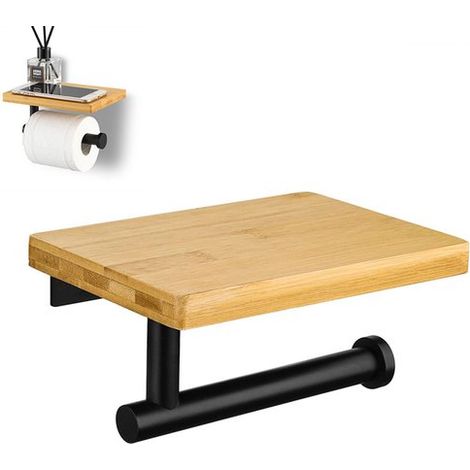Porte-papier toilette mural avec étagère - Boîte à papier toilette - Sans perçage - Acier inoxydable rouille - Avec étagère en bois - 18 x 13 cm - Noir - Convient pour la salle de bain - Couleur bois (1/5)