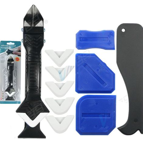Kit de 11 outils de calfeutrage 3 en 1 (tête en acier inoxydable) comprenant un grattoir et un applicateur de mastic silicone pour la cuisine, la salle de bain, les fenêtres et les éviers. (1/5)